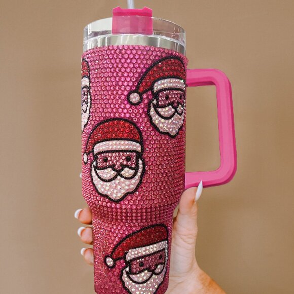 B356 Pink Santa Rhinestone Tumbler - Picture 3 of 4